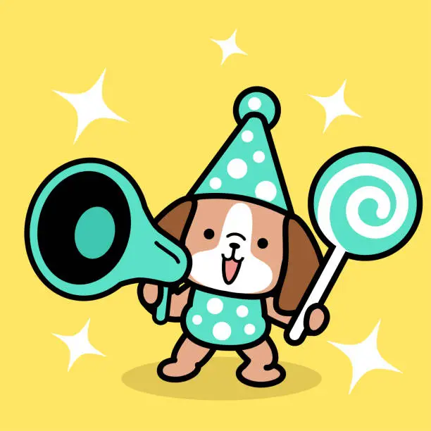 Vector illustration of A cute dog wearing a party hat and holding a lollipop is speaking through a megaphone