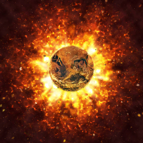 Symbolizing climate change or nuclear war, the Earth is surrounded by fire.Public-domain satellite image from https://www.nasa.gov/multimedia/imagegallery/image_feature_2159.html