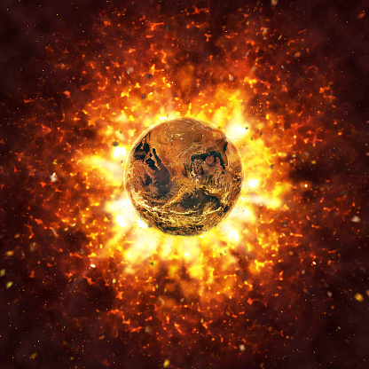 Symbolizing climate change or nuclear war, the Earth is surrounded by fire.\n\nPublic-domain satellite image from https://www.nasa.gov/multimedia/imagegallery/image_feature_2159.html