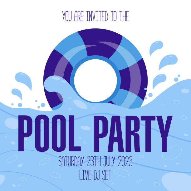 Pool party banner template or invitation card with blue swim ring on the waves, splashes and bubbles. Pool party banner template or invitation card with blue swim ring on the waves, splashes and bubbles. Summer beach party poster or weekend pool party flyer concept design. Flat vector illustration. inner tube stock illustrations