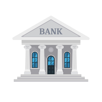 Cartoon financial bank building front view facade icon. Flat vector illustration isolated on white background. Finance, banking, business, economy concept. For infographics, web, app, design