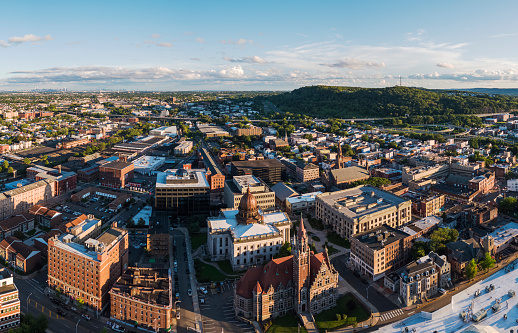 Aerial panoramic high-angle view of Paterson, Passaic County, New Jersey, USA on a sunny day.