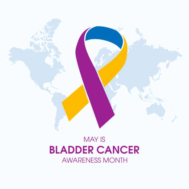 May is Bladder Cancer Awareness Month vector Yellow, purple and blue cancer awareness ribbon and world map icon vector. Important day bladder cancer stock illustrations