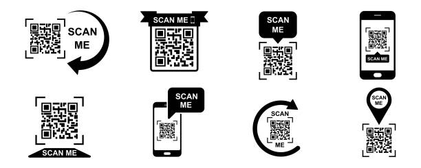 Scan QR code on smartphone vector icon set. Scan me black icons. Scan QR code on smartphone vector icon set. Scan me black icons. Reader barcode. medical scan stock illustrations