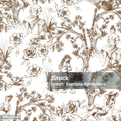 istock toile de jouy pattern in broun color 1394760575