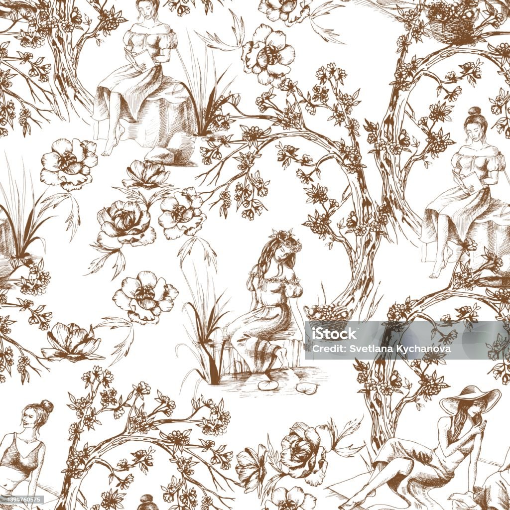 Toile De Jouy Pattern In Broun Color Stock Illustration - Download Image  Now - Toile, French Culture, Pattern - iStock
