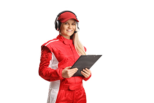 Female race team member writing a document isolated on white background