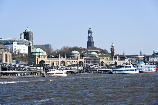 Hamburg, Germany, March 20, 2022 - St. Pauli Landing Bridges Hamburg seen from the Elbe River