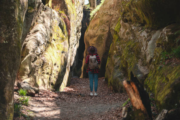istock woman hiker with backpack walking by trail 1394763606