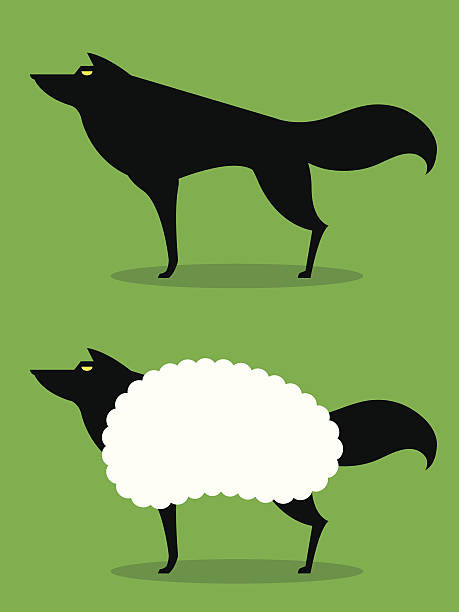 Wolf In Sheeps Clothing idiom Wolf In Sheeps Clothing, cartoon depiction of this idiom with wolf in silhouette wolf in sheeps clothing stock illustrations