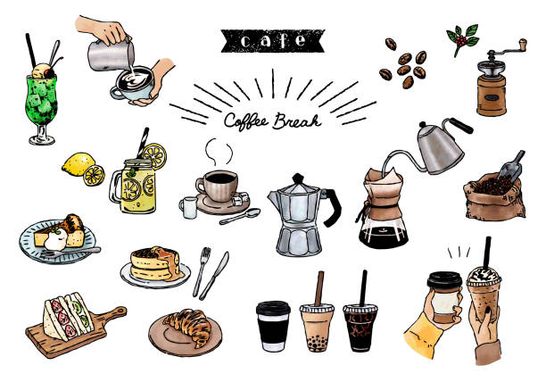 ilustrações, clipart, desenhos animados e ícones de ilustração do café desenho da linha de aquarela pintada à mão - pancake illustration and painting food vector