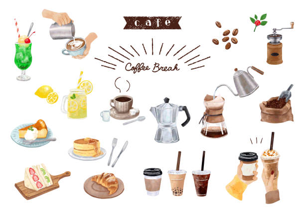 cafe illustration handmalerei aquarell - coffee crop cup coffee bean coffee stock-grafiken, -clipart, -cartoons und -symbole