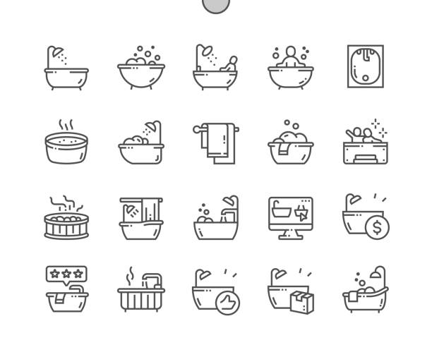 ilustraciones, imágenes clip art, dibujos animados e iconos de stock de bañera y jacuzzi. toalla, baño y ducha. iconos de línea delgada de pixel perfect vector. pictograma mínimo simple - bañera