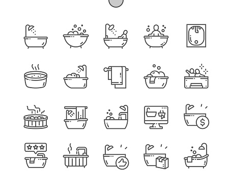Bathtub and hot tub. Towel, bathroom and shower. Pixel Perfect Vector Thin Line Icons. Simple Minimal Pictogram