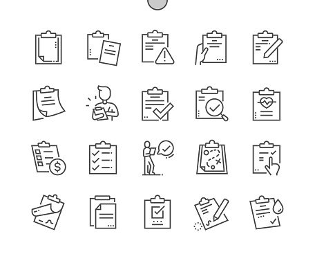 Clipboard. Contract, results, checklist. Page, list, paper and document. Pixel Perfect Vector Thin Line Icons. Simple Minimal Pictogram