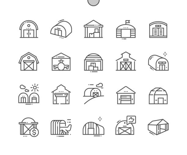격납고. 소포 창고. 비행기 격납고. 상업용 건물. 픽셀 완벽한 벡터 얇은 선 아이콘. 간단한 최소 픽토그램 - 헛간 stock illustrations