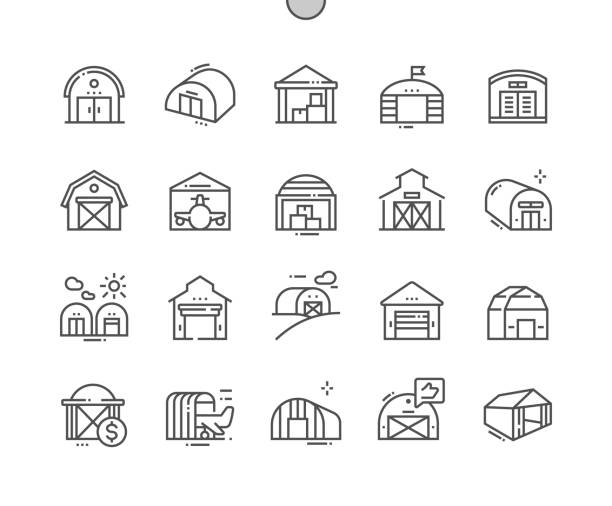 ilustrações de stock, clip art, desenhos animados e ícones de hangar. parcel warehouse. hangar for plane. commercial building. pixel perfect vector thin line icons. simple minimal pictogram - barn