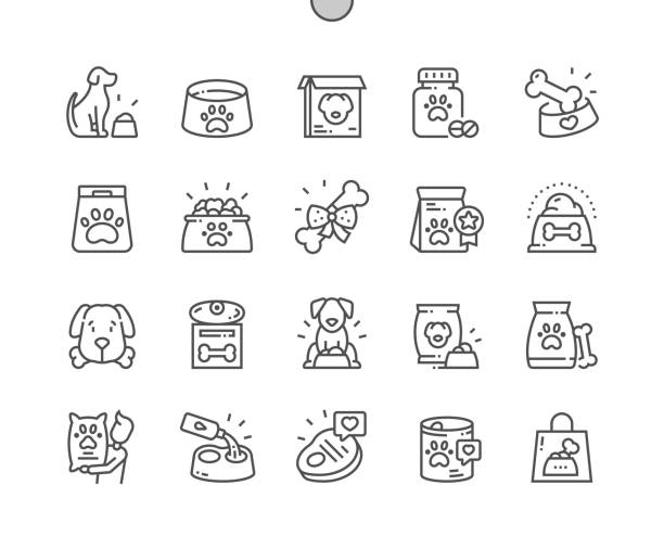ilustraciones, imágenes clip art, dibujos animados e iconos de stock de comida para perros. comida enlatada favorita. tienda de mascotas. iconos de línea delgada de pixel perfect vector. pictograma mínimo simple - can pastilla