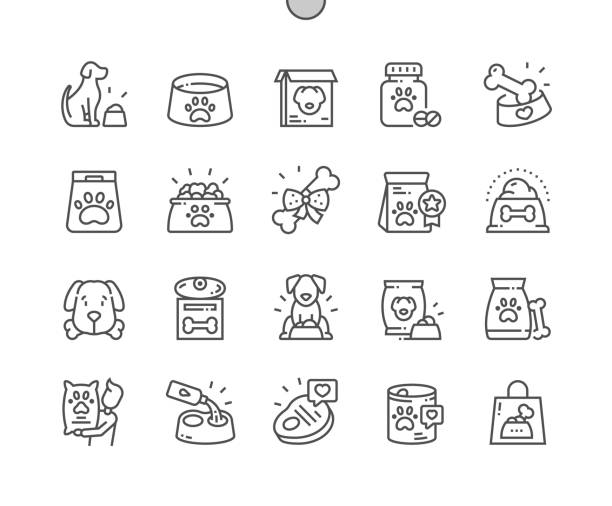 ドッグフード。好きな缶詰。ペットショップ。ピクセルパーフェクトベクター細線アイコン。単純な最小ピクトグラム - nutritional supplement pill eating food点のイラスト素材／クリップアート素材／マンガ素材／アイコン素材