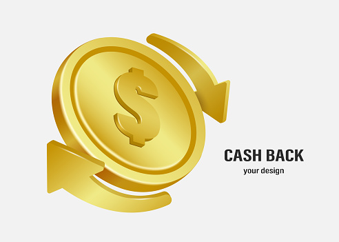 The golden arrow spins around a one dollar coin for making advertising media about cash back promotions,vector 3d isolated on white background for financial concept design