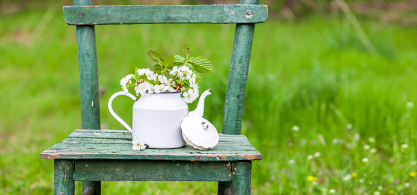 Decoration with an old chair and a coffee pot in a nature garden
