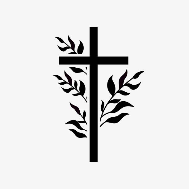 ilustrações de stock, clip art, desenhos animados e ícones de cross religious funeral design with branches. vector illustration in black and white - religious illustration