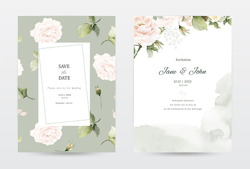 Rose and leaves watercolor invitation template cards set. Collection watercolor botanical vector suitable for Wedding Invitation, save the date, thank you, or greeting card.