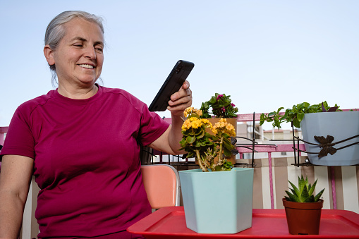 A 55-year-old woman with white hair and green eyes. He is sitting on the balcony of his house. Flowers you grow around her are in pots.Hobby joy of living model with positive emotion.Background is clear sky, space for text.Taken from a lower angle portrait model waist up