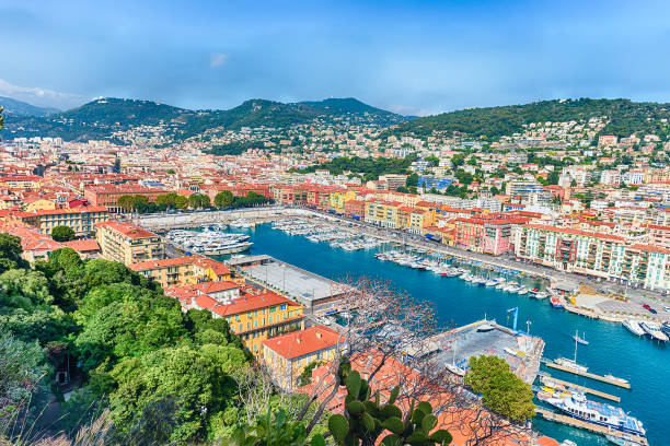 Aerial view of the Port of Nice, Cote d'Azur, France Scenic aerial view of the Port of Nice, aka Port Lympia, as seen from the Chateau hill, Nice, Cote d'Azur, France d'azur stock pictures, royalty-free photos & images