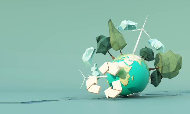 istock Green earth recycle concept Earth day surrounded by globes, trees, clouds, low poly and windmills on a green background with rivers. realistic cartoon 3d rendering 1394774866