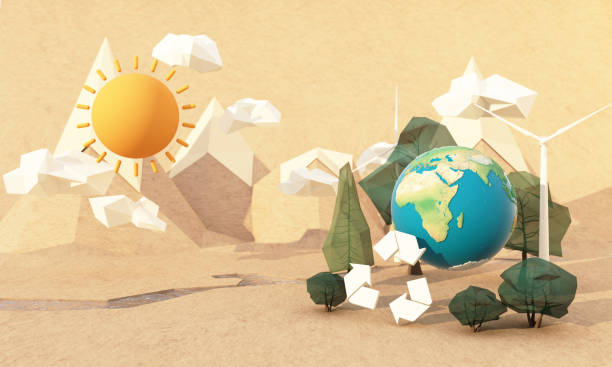 istock Green earth recycle concept Earth day surrounded by globes, trees, clouds, low poly and sun with windmills on a brown cardboard paper background with rivers. realistic cartoon 3d rendering 1394774877