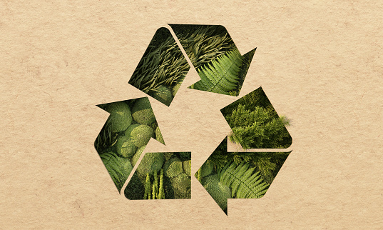 Concepto de reciclaje de tierra verde Día de la tierra rodeado de globos terráqueos, árboles, hojas y plantas sobre un fondo de papel de cartón marrón con ríos. representación 3D de dibujos animados realistas photo