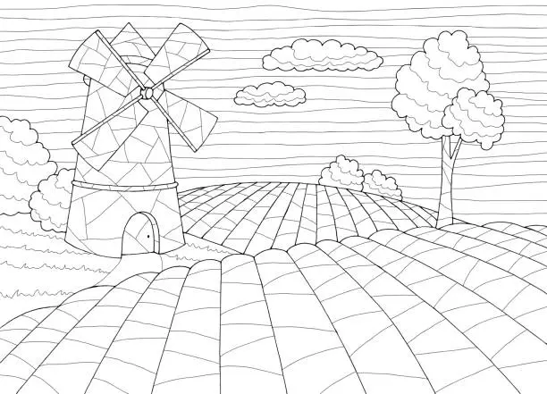 Vector illustration of Field coloring windmill graphic black white landscape sketch illustration vector