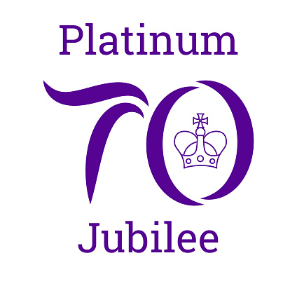 Template greeting card to Platinum Jubilee in 2022. Number 70 with a crown inside. Record for longest stay on the throne. Great for banner, invitation, print, badge, label, sticker. Vector illustration