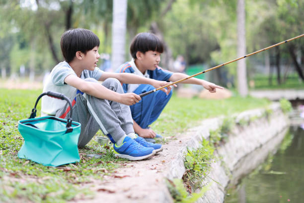 Boy sitting on a curved white wooden bridge and touching the railing with a stick, exploring details with curiosity. Concept of childhood discovery, outdoor learning and natural lifestyle.