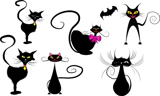 Set of vector black cats, isolated on white