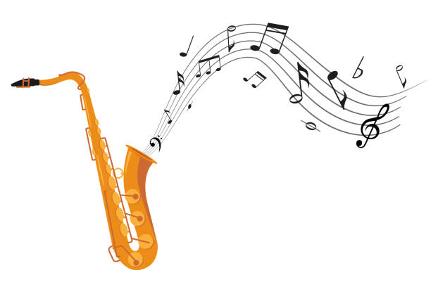 Golden saxophone with music notes. Wind classical jazz musical instrument. Golden saxophone with music notes isolated on white background. Wind classical jazz musical instrument. Vector illustration in flat or cartoon style saxophone stock illustrations