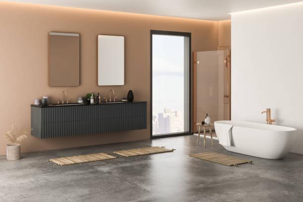 istock Modern luxury bathroom interior with beige and white walls 1394784174