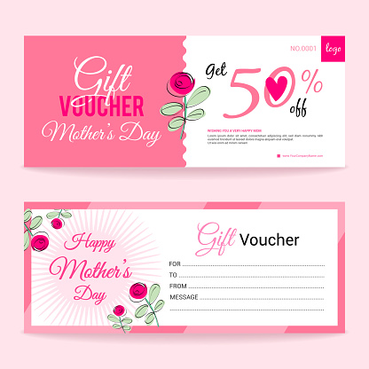 Happy Mother's Day Gift Voucher Card vector illustration. Pink rose theme