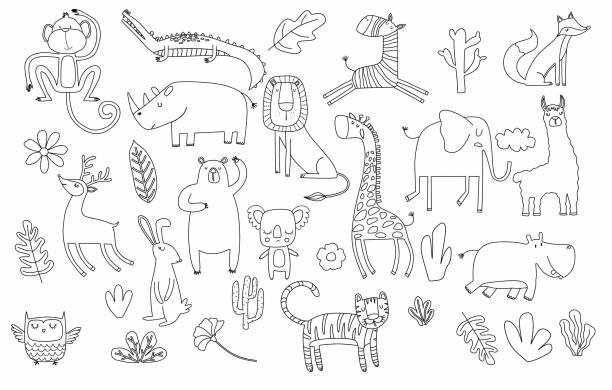 ilustraciones, imágenes clip art, dibujos animados e iconos de stock de dibujos animados gran conjunto de lindos animales garabatos. - leon dibujo animado