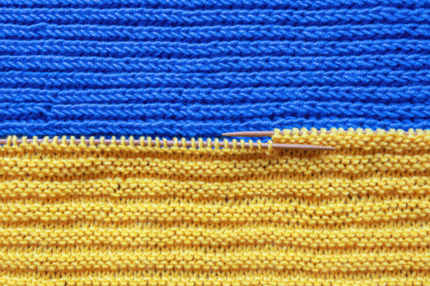 Bright blue and yellow knitwork with knitting needles, background in  color of Ukrainian flag