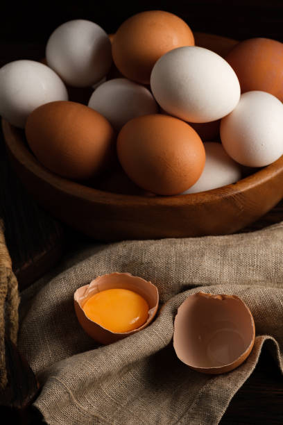istock Chicken eggs in a wooden plate 1394788218