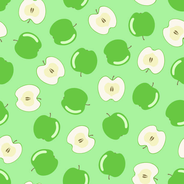 Seamless apple pattern - hand drawn design. Trendy summer background - bright green cover. Vibrant fruit print. Vector illustration Seamless apple pattern - hand drawn design. Trendy summer background - bright green cover. Vibrant fruit print. Vector illustration. green apple on green background stock illustrations