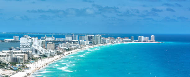 istock Cancun skyline with beach and blue water 1394793102