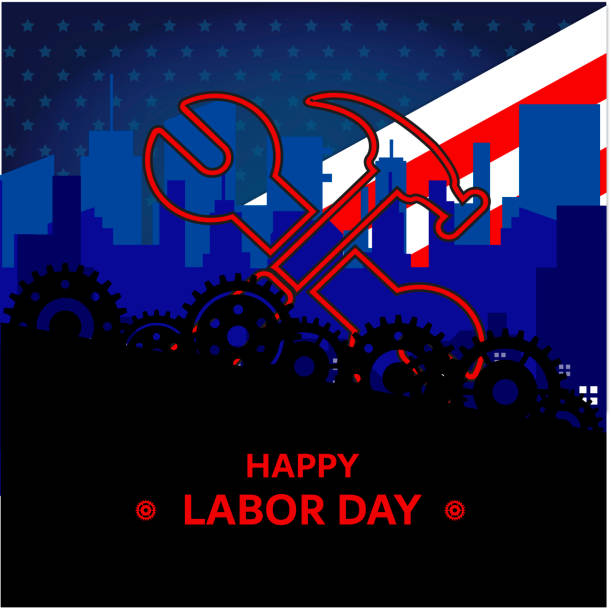 Labour Day Celebration with text and American Flag Labour Day Celebration with hammer and wrench crossed representing the work. Gears and text "Happy Labor Day" in foreground and American Flag in background alev stock illustrations