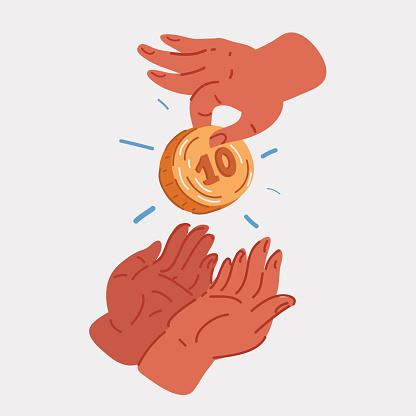 Cartoon vector illustration of hands with coin alms giving, charity