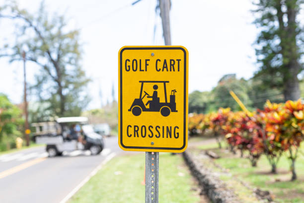 A Golf Cart Crossing sign with a golf cart crossing the road in the background.