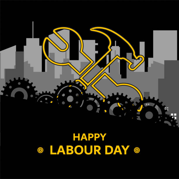 Labour Day Celebration with text and gears Labour Day Celebration with hammer and wrench crossed representing the work. Gears and text "Happy Labor Day" in foreground alev stock illustrations