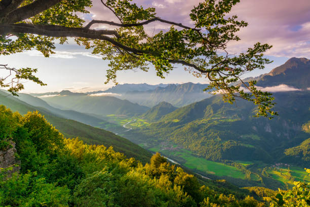 Beautiful sunset in the mountain valley. Gorgeous nature of Soca valley in Slovenia. Europe popular tourist destionation.