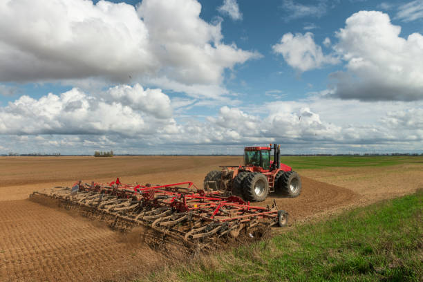Red tractor cultivates the farm field. stock photo